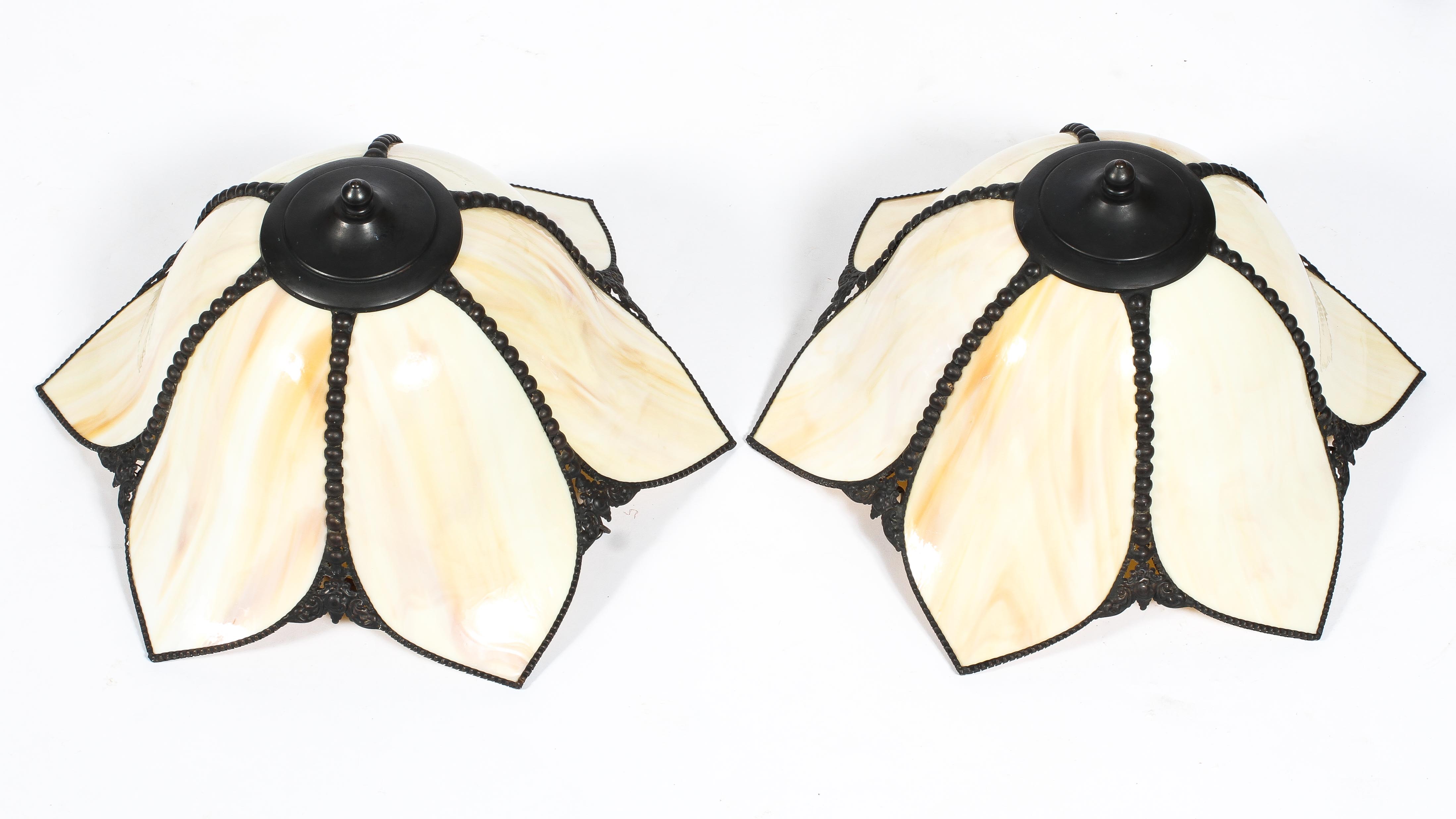 A pair of Edwardian petal shaped opaque pendant lights, each cast with beeded and floral frames, - Image 2 of 2