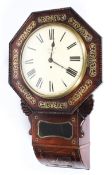 A mid-19th century rosewood and brass inlaid drop dial fusee wall clock,