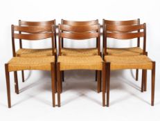 A set of six Danish Morgen-Kohl mid-century teak rush chairs,