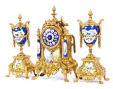 A French gilt-metal and Sevres-style porcelain mounted three piece mantle clock garniture,