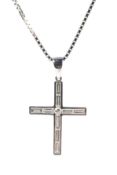 An 18ct white gold diamond set crucifix on 18ct gold box link necklace,