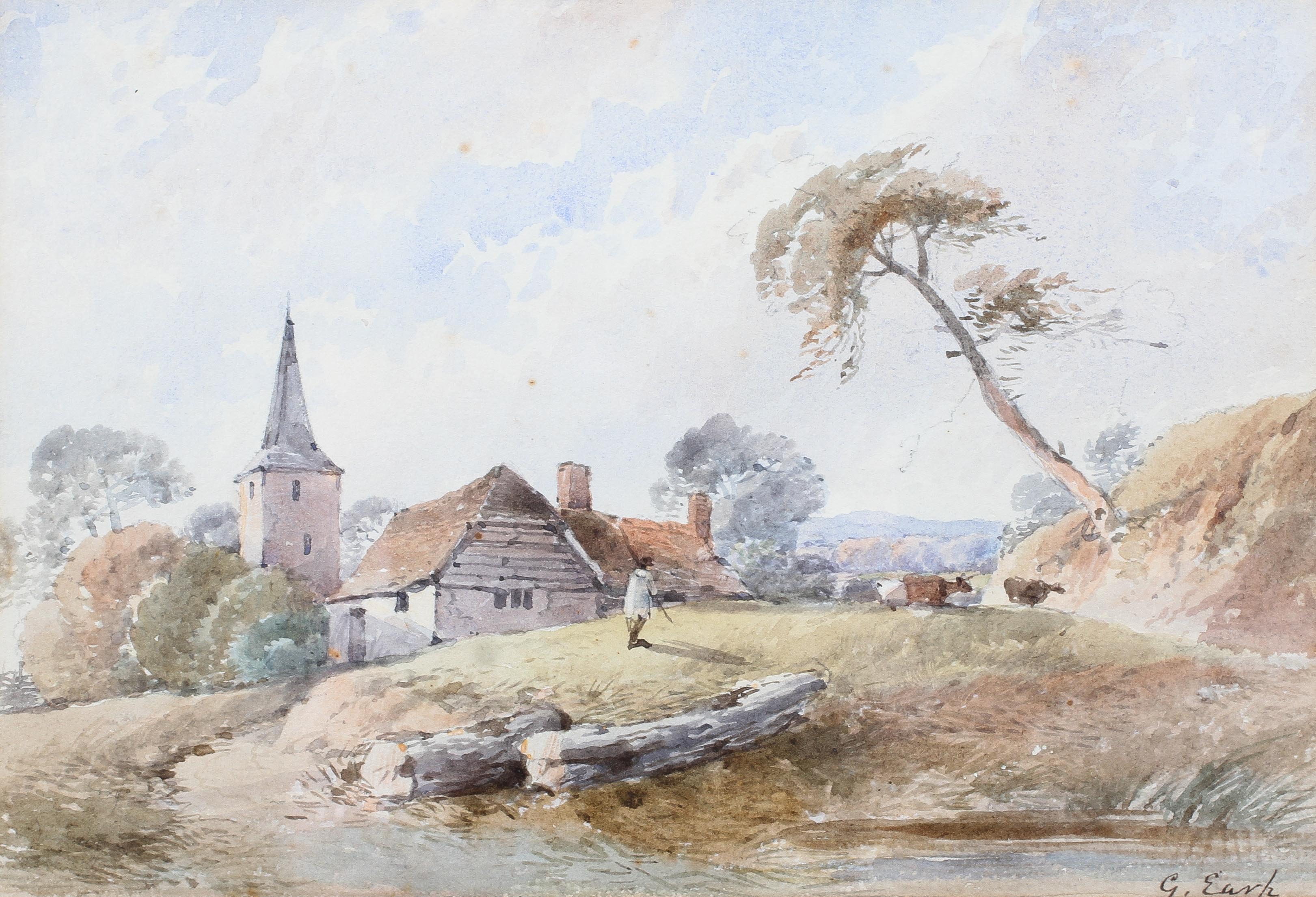 George Earp (British, late 19th century), A Church before cottages, signed lower right, framed,