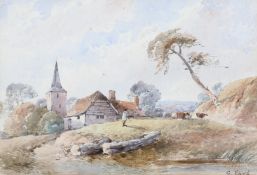 George Earp (British, late 19th century), A Church before cottages, signed lower right, framed,
