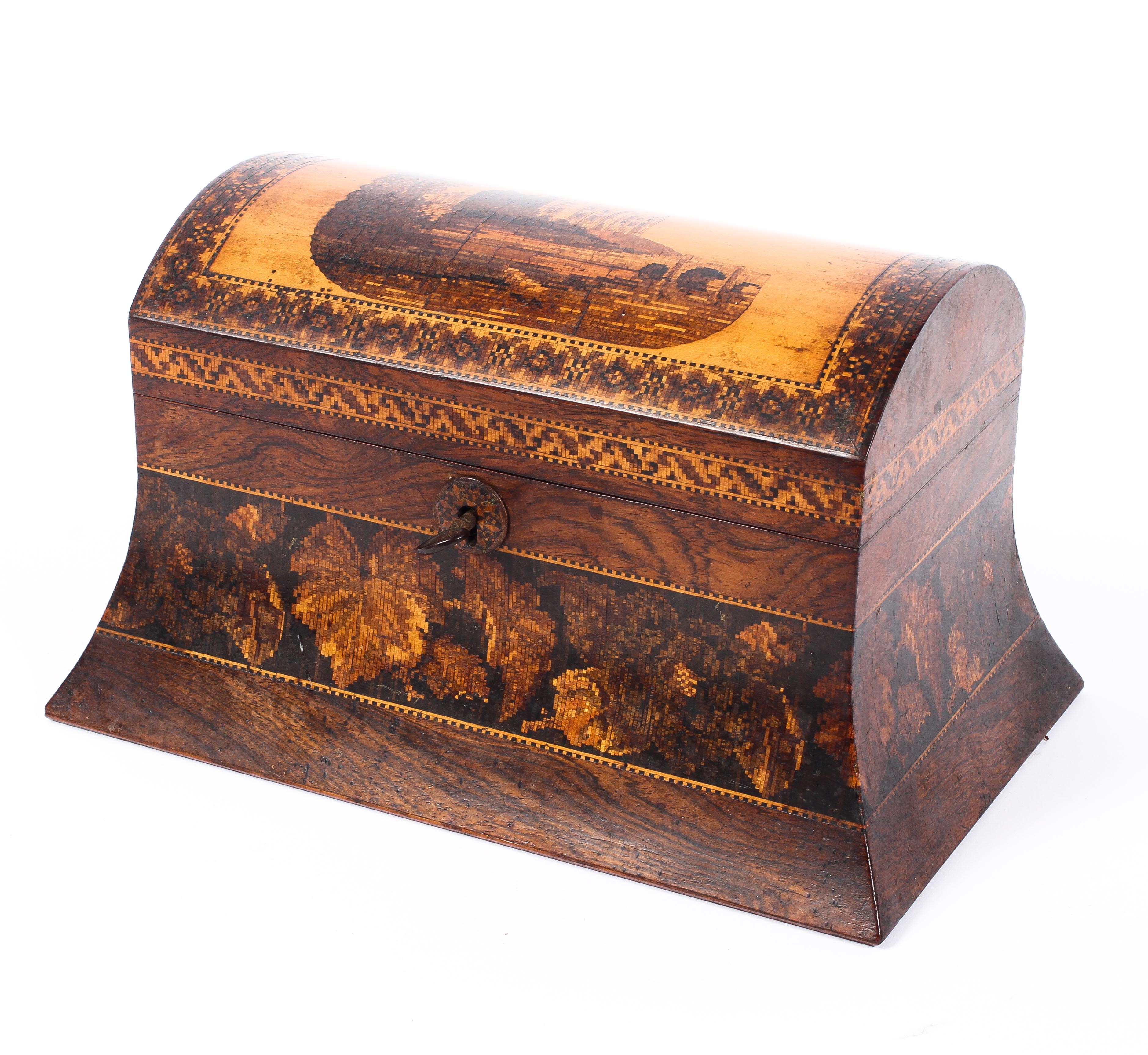 A Tunbridge ware domed rectangular tea caddy, circa 1870,