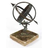 A 20th century cast metal garden armillary sundial, supported by a male figure, on stone base,