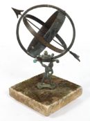 A 20th century cast metal garden armillary sundial, supported by a male figure, on stone base,