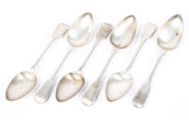 A set of six white metal serving spoons, with Russian marks to stem. 375g.