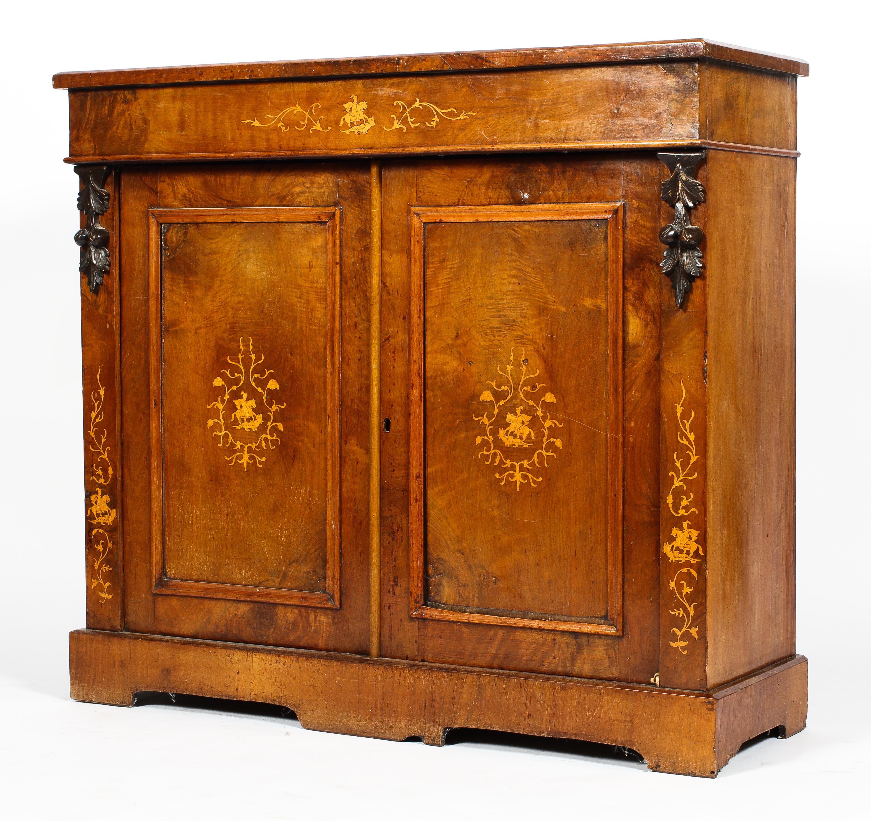 A Victorian walnut veneered marquetry sideboard,