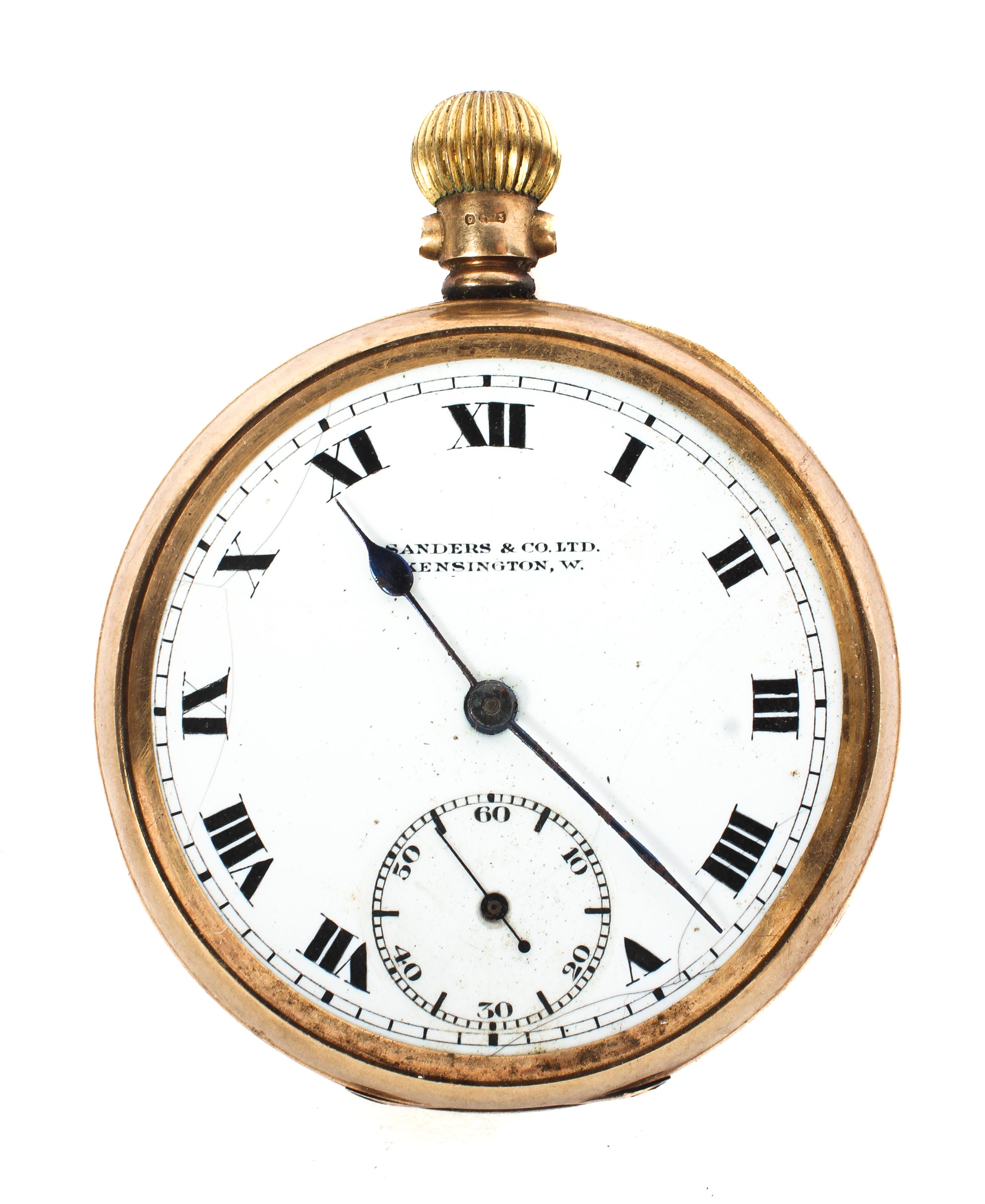 A 9ct gold cased open face pocket watch, the enamel dial with Roman numerals denoting hours,