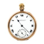 A 9ct gold cased open face pocket watch, the enamel dial with Roman numerals denoting hours,