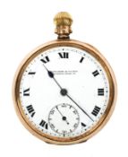 A 9ct gold cased open face pocket watch, the enamel dial with Roman numerals denoting hours,