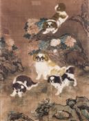 A late 19th century Japanese print of Pekingese dogs amongst rockwork, framed,