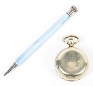 A guilloche enamel pencil marked 935 together with a white metal sovereign case.