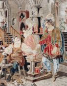 A large late 19th Century tapestry, featuring numerous Tudor style figures in workshop scene,