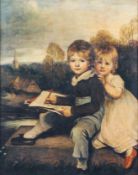 A print of a boy and girl in late 18th century style, 20th century, in giltwood and gesso frame,