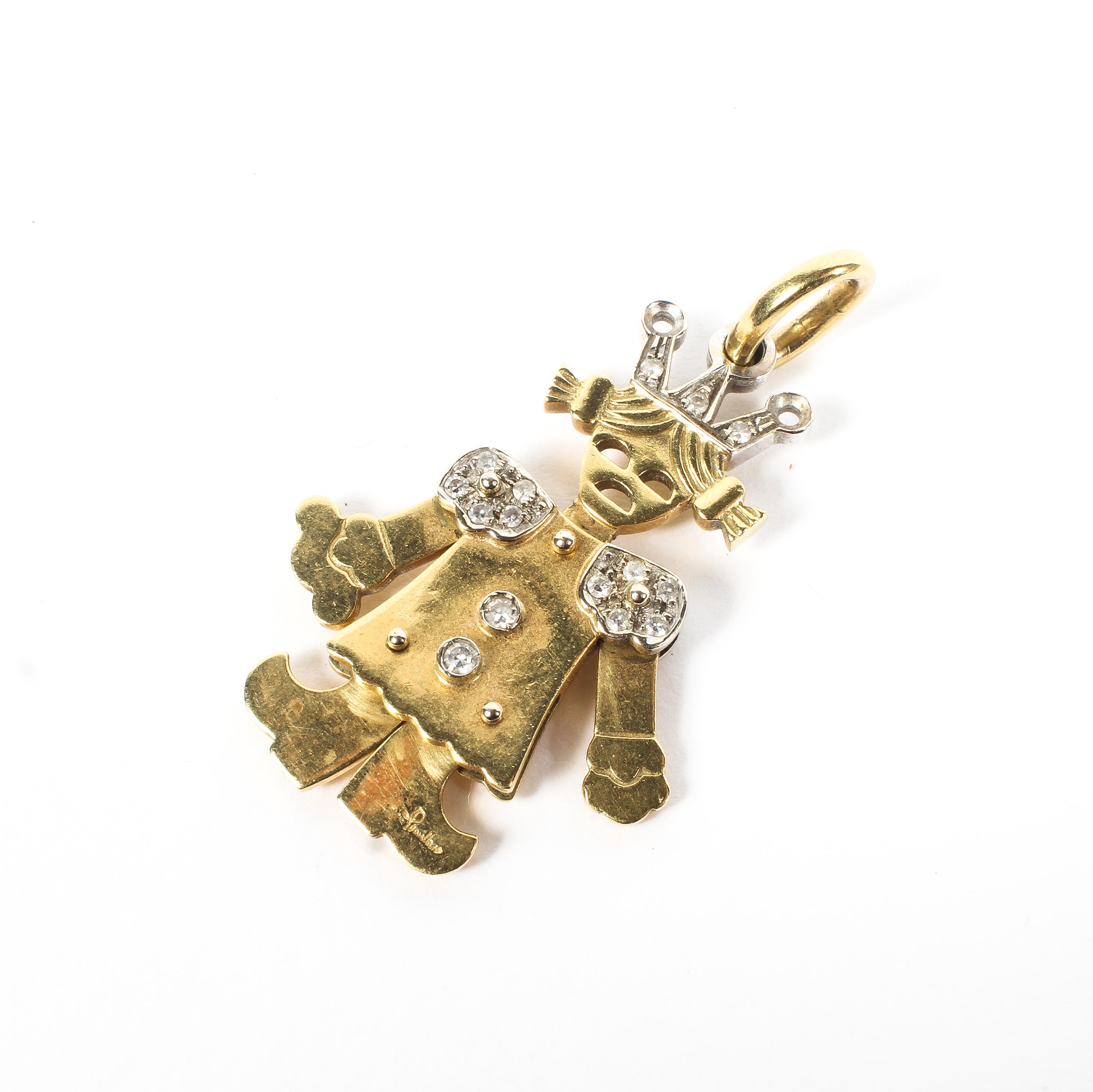 An Italian 18ct gold and diamond set articulated clown pendant charm. Stamped 750 X 488MI.