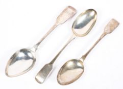 Three provincial silver fiddle pattern tablespoons, two of which being a pair,