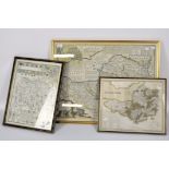 Three coloured prints of geographical maps featuring parts of England, including 'Wilshire',