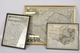 Three coloured prints of geographical maps featuring parts of England, including 'Wilshire',
