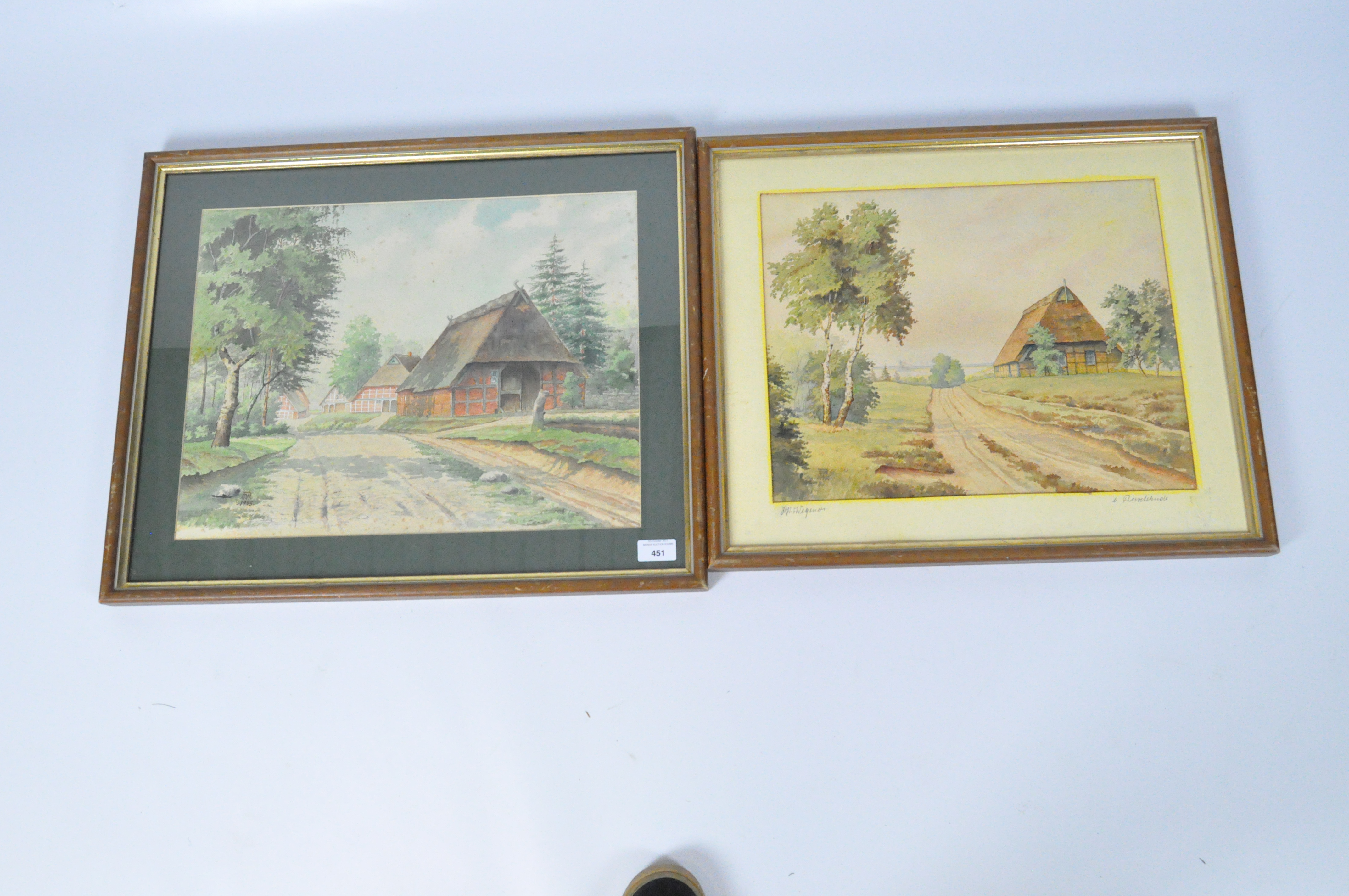 Two 20th century watercolours, one signed to the mount 'J F Wegener', both depicting rural cottages, - Image 2 of 2
