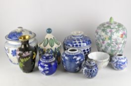 A selection of Chinese and Chinese style ceramics, including blue and white ginger jars,