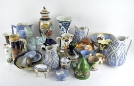A collection of ceramics, including Wedgwood Jasperware pots and plates, Royal Worcester pot,