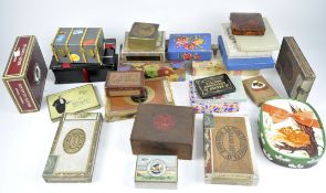 A collection of vintage boxes, card and wooden examples, some with printed floral decoration,