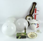 Assorted collectables, including three round glass shades, a Bunnykins dish, barometer,