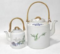 Two traditional Asian ceramic teapots, painted with script and architectural scenes,