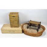 Two wicker baskets together with a wooden framed stool and a large wicker dog bed.
