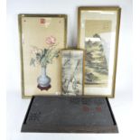 Four oriental pictures, depicting figures, landscapes and a still life of flowers,