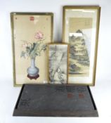 Four oriental pictures, depicting figures, landscapes and a still life of flowers,