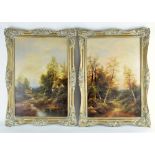 Two oil on board landscape paintings of figures around a campfire in woodland,