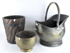 A metal coal scuttle, small wooden bucket and a circular brass bowl