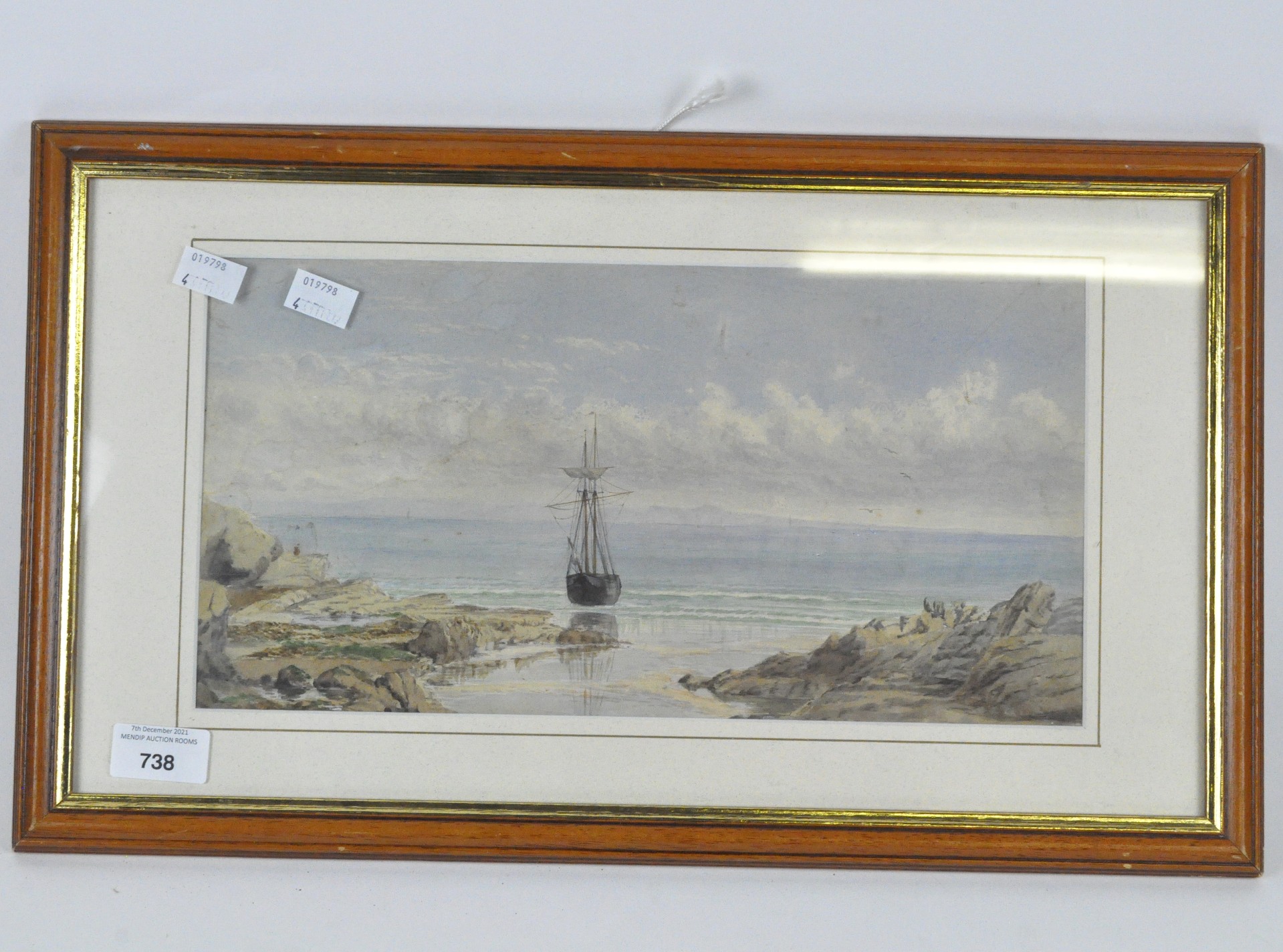 A 20th century watercolour, depicting a seascape with a masted boat, unsigned, 18cm x 35cm,
