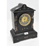 A Victorian slate mantle clock, with marble and gilt inlay, on pedestal base,