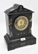 A Victorian slate mantle clock, with marble and gilt inlay, on pedestal base,