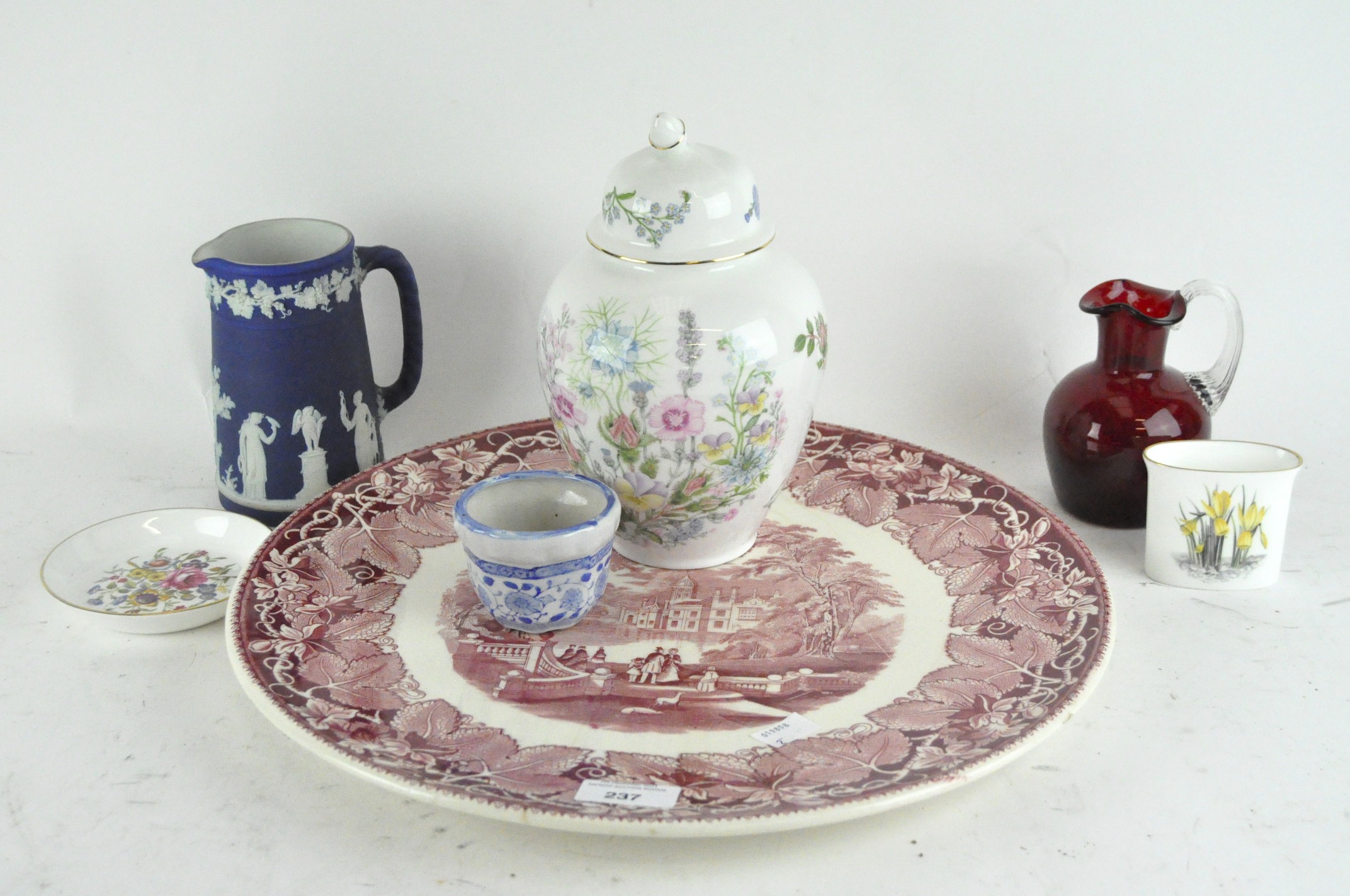 A Masons charger together with a Wedgwood Jasperware jug, Royal Worcester pot and more