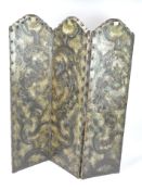 A Victorian painted and embossed leather four fold screen, decorated with motifs,