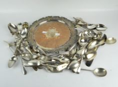 A quantity of vintage silver plate cutlery and utensils together with a moulded and pierced tray,