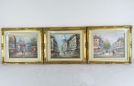 Three oil paintings depicting street scenes, two signed 'Burnen', the other 'Jameson', all framed,