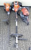Three garden petrol power tools, including hedge trimmer,