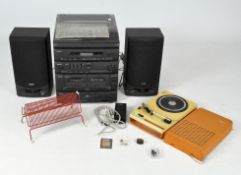 A Sanyo Hi Fi record player together with a pair of SX-850 speakers and some record racks