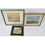 A watercolour painting of a rural cottage and two signed prints of a landscape and a sheep field,