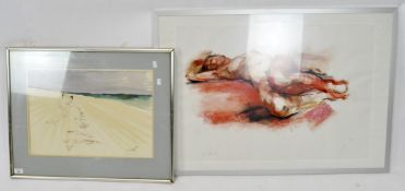 A contemporary pastel study of a woman together with a watercolour scene