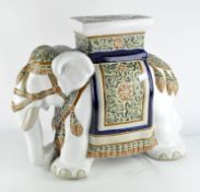 A vintage ceramic jardinière stand in the form of an elephant, in white glaze with blue,
