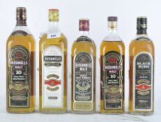 Five bottles of Irish whisky, comprising; Three Bushmills 10 year old malt, Black Bush and another,