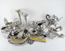Collection of silver plated wares, including toast racks, teapots, pair of vases,
