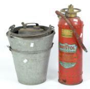 Two metal buckets and oil can, together with a vintage Bristol Fire Extinguisher