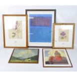 Five glazed and framed prints, including a Mark Rothko image and Mackintosh botanical prints,